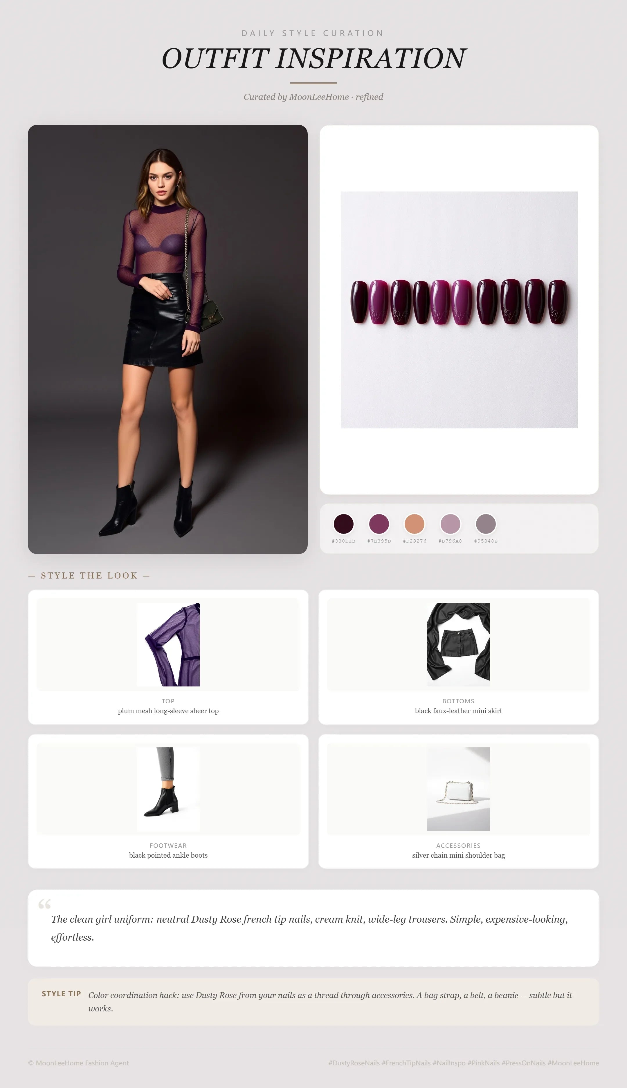 MOONLEE Velvet Plum 3D Press-On Nails paired with plum mesh long-sleeve sheer top, black faux-leather mini skirt, black pointed ankle boots, silver chain mini shoulder bag — date night outfit inspiration
