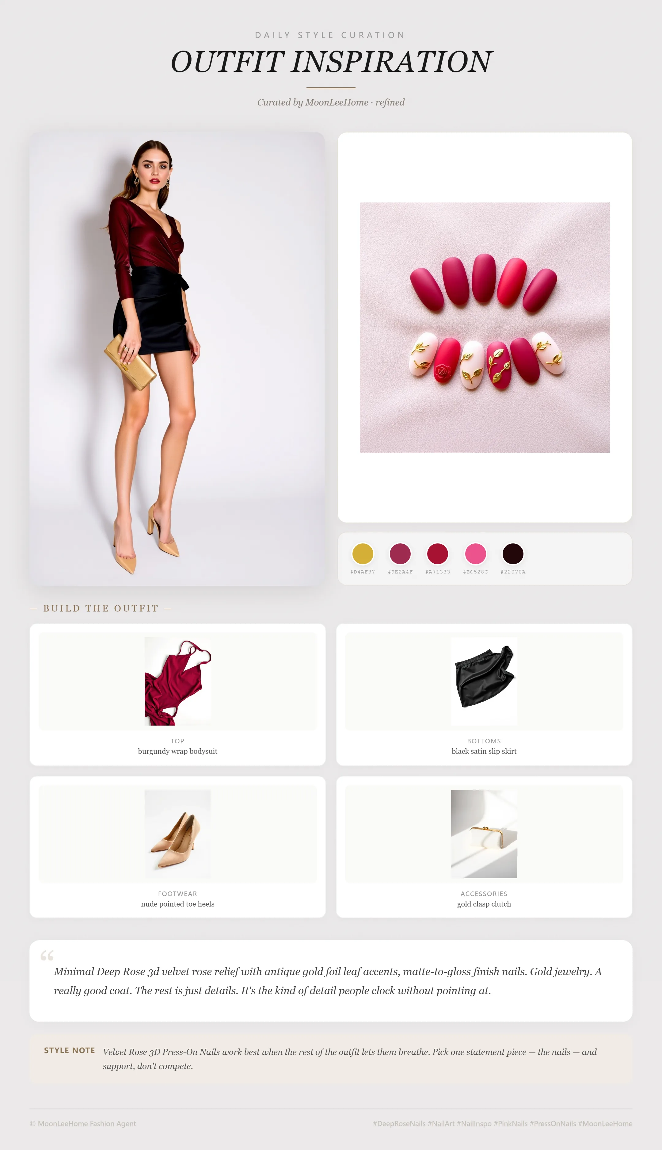 MOONLEE Velvet Rose 3D Press-On Nails paired with burgundy wrap bodysuit, black satin slip skirt, nude pointed toe heels and gold clasp clutch — date night outfit inspiration