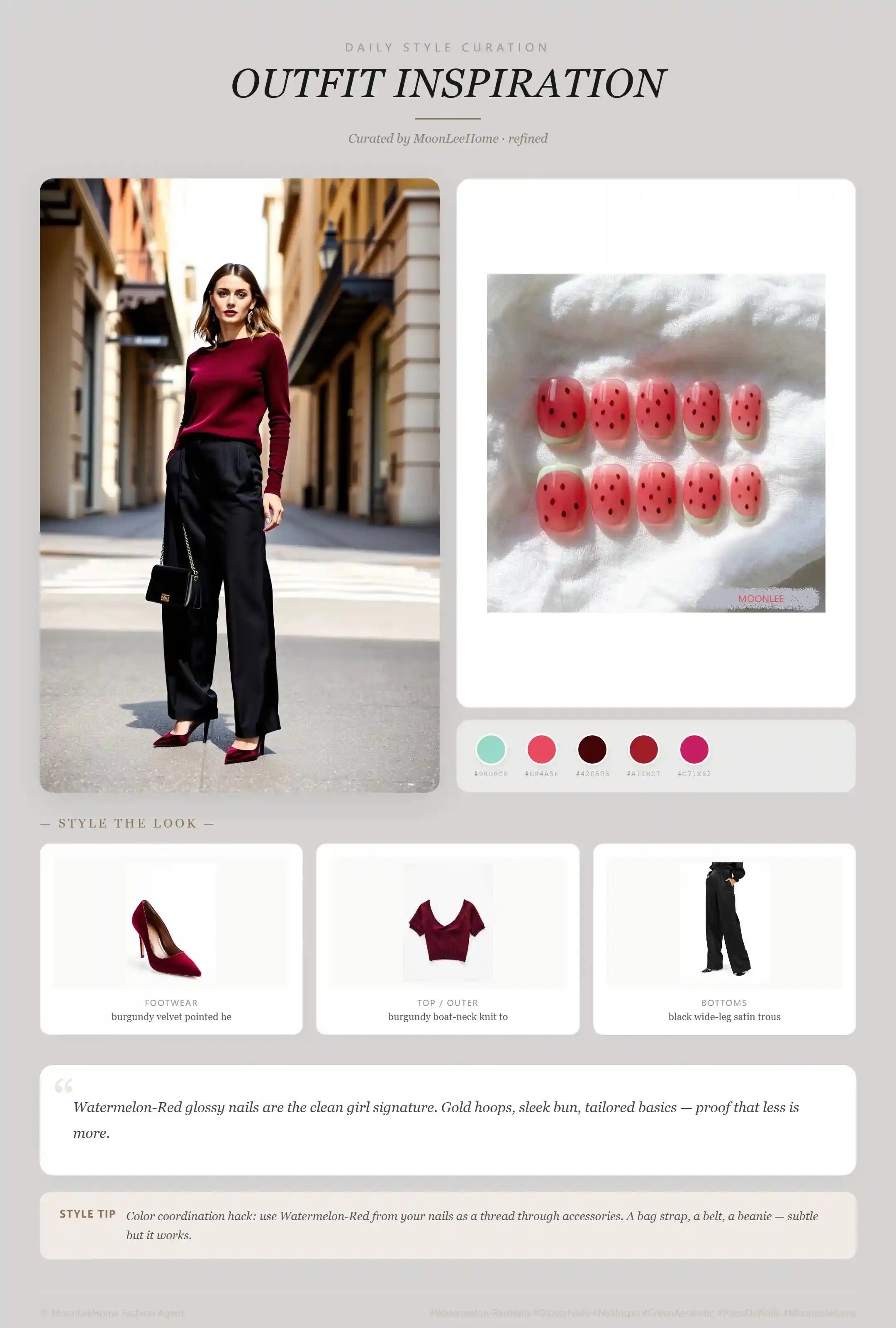 MOONLEE Watermelon-Red × Mint-Green Playful Press-On Nails paired with burgundy boat-neck knit top, black wide-leg satin trousers, burgundy velvet pointed heels, black mini chain-strap bag fashion inspiration card