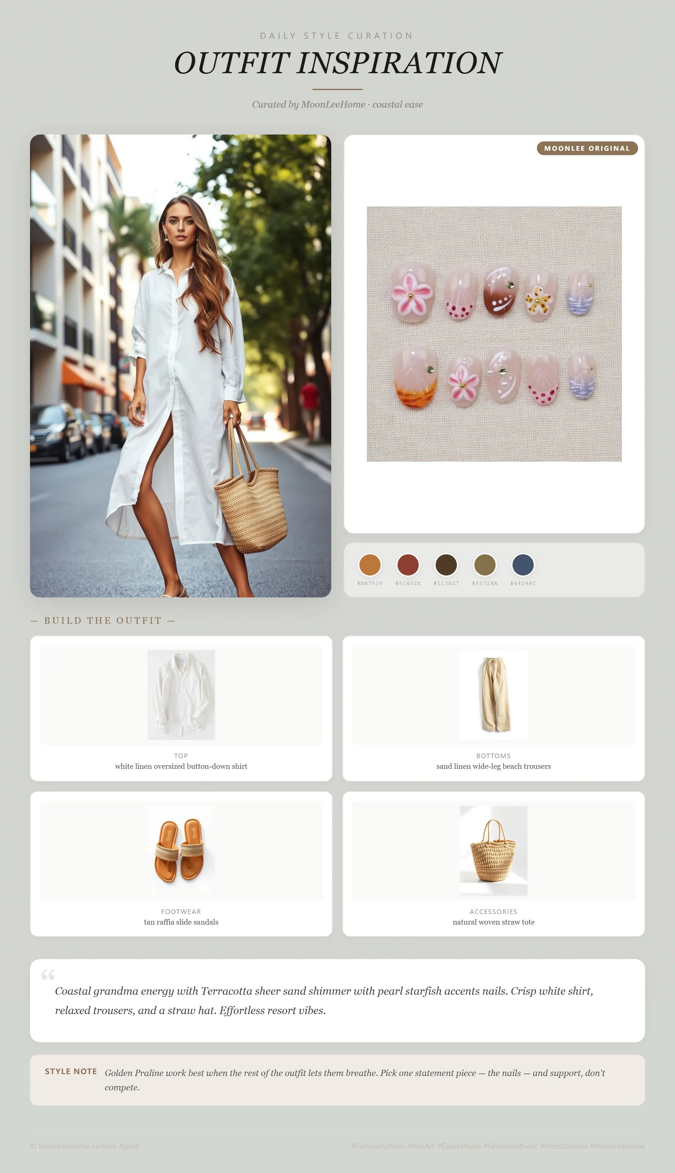 MOONLEE Whispering Sands Press-On Nails paired with White, Sand, Tan, Natural Straw — beach outfit inspiration | MOONLEE
