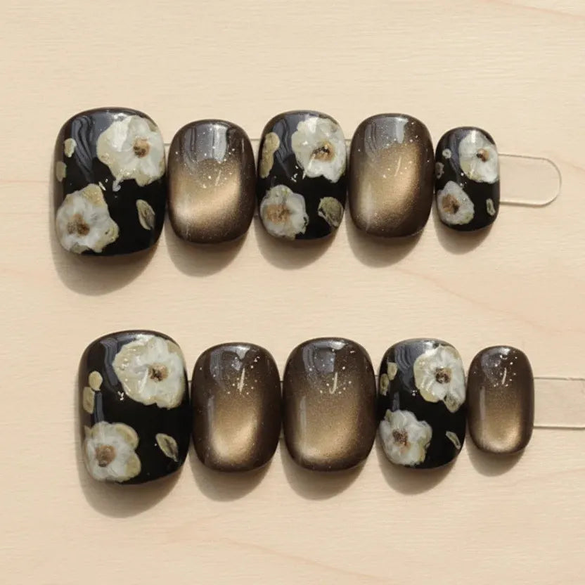 Mocha Cream Blossom Short Oval Press-On Nails for Typing & Commute | MOONLEE