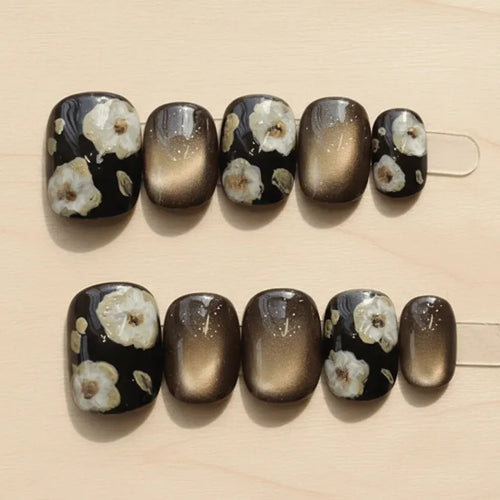 Mocha Cream Blossom Short Oval Press-On Nails for Typing & Commute | MOONLEE
