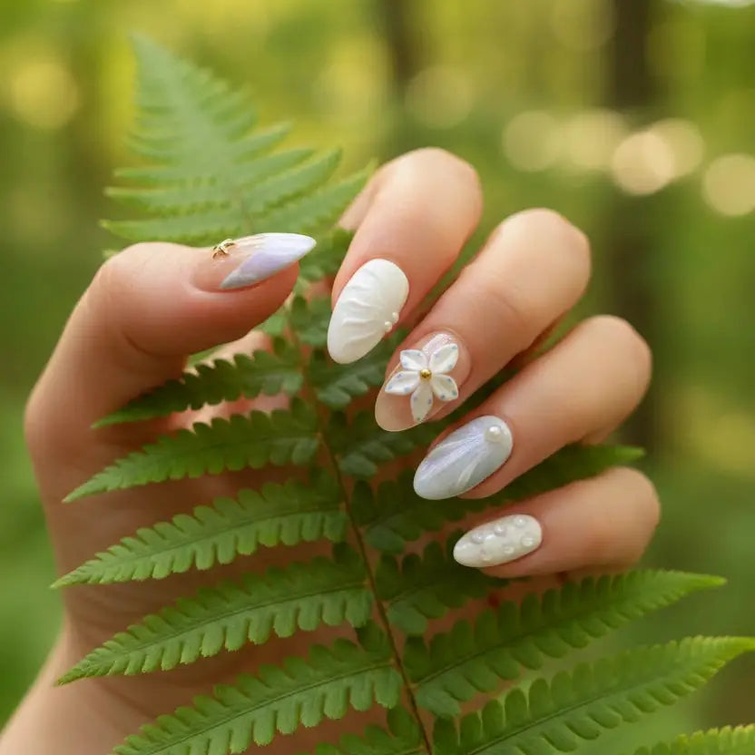 Ocean Bloom Press-On Nails on hand touching green fern leaves in summer forest — short almond nails with 3D starfish charm, white flower, pearl accents, lavender-blue aurora design | MOONLEE