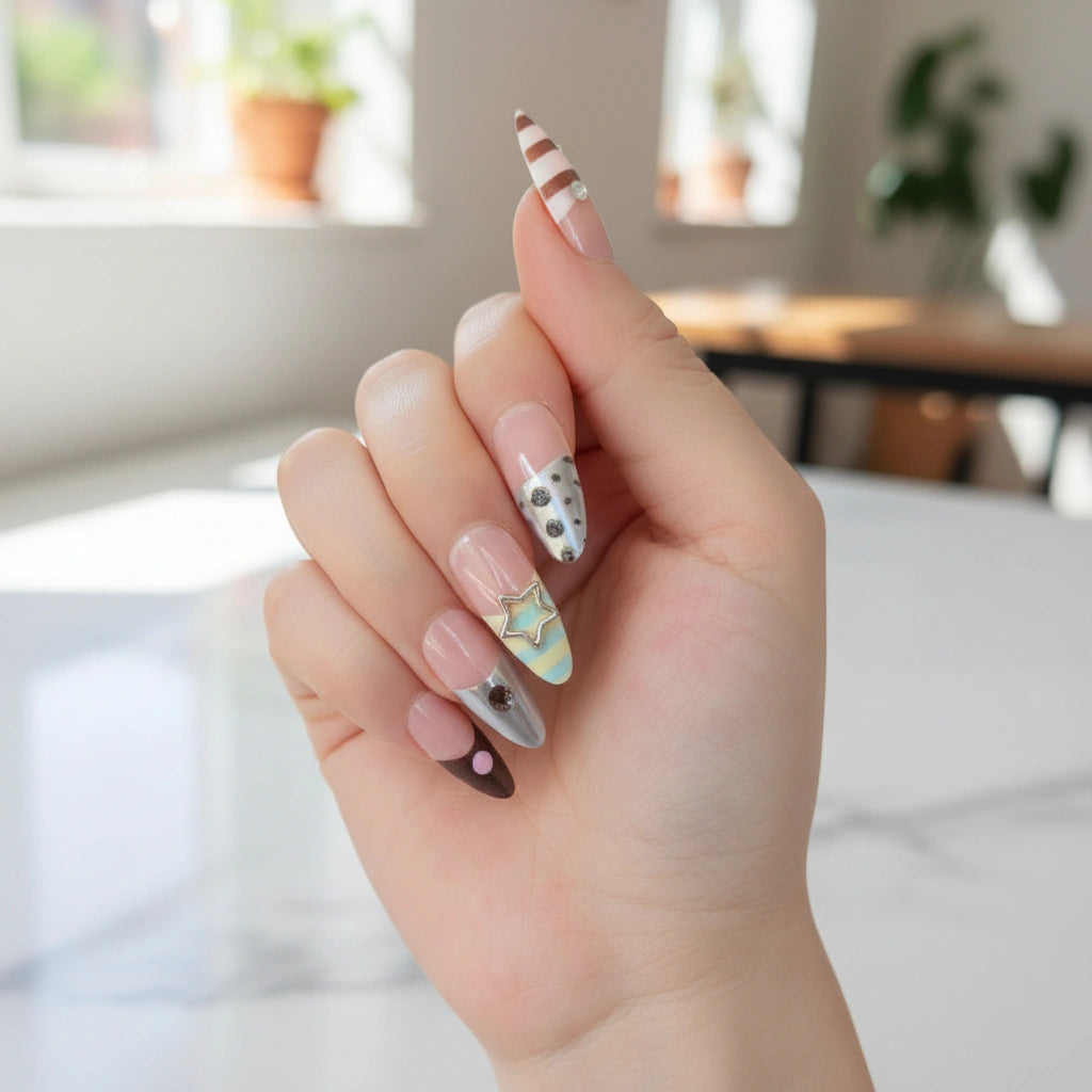 Fun Patch Short Almond Press-On Nails for Typing & Commute | MOONLEE