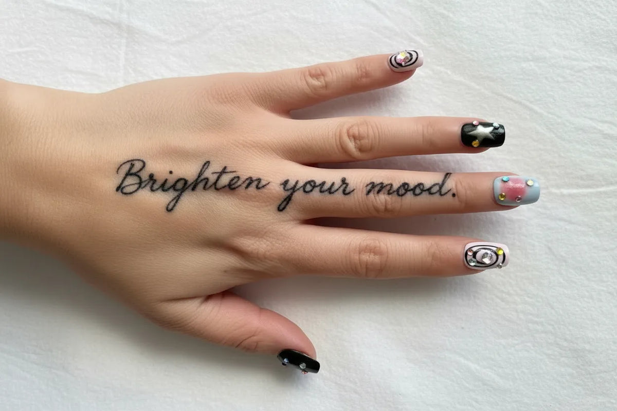 Hand wearing MOONLEE Brighten Your Mood press-on nails featuring black nails with white star and rhinestones, blue-grey aurora nail with colorful gems, and swirl spiral nail art.
