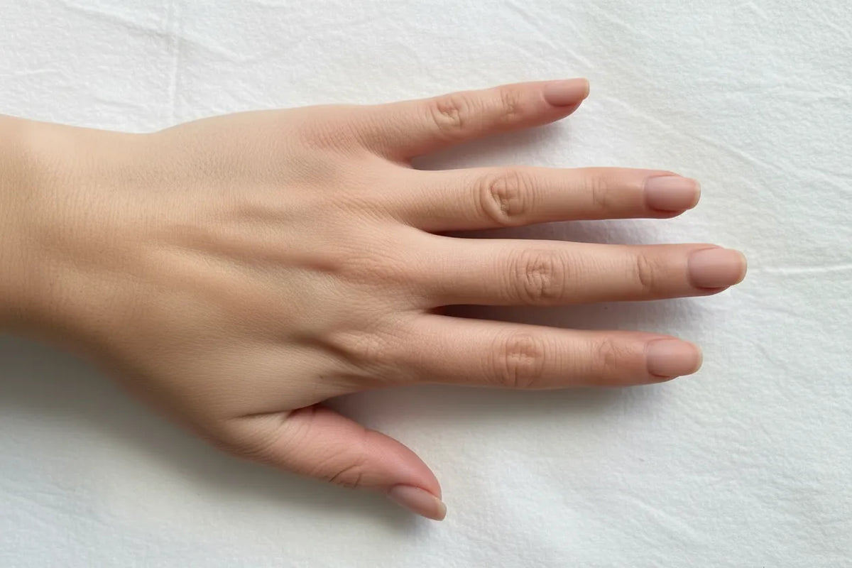 Bare hand with natural nails resting flat on a white fluffy surface — MOONLEE