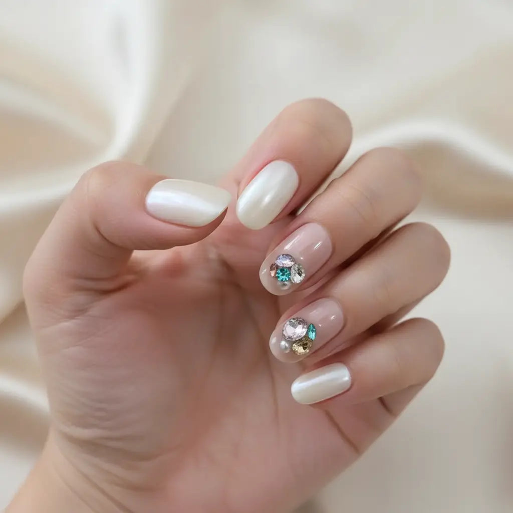 Gemstone Glow Short Oval Press-On Nails for Typing & Commute | MOONLEE