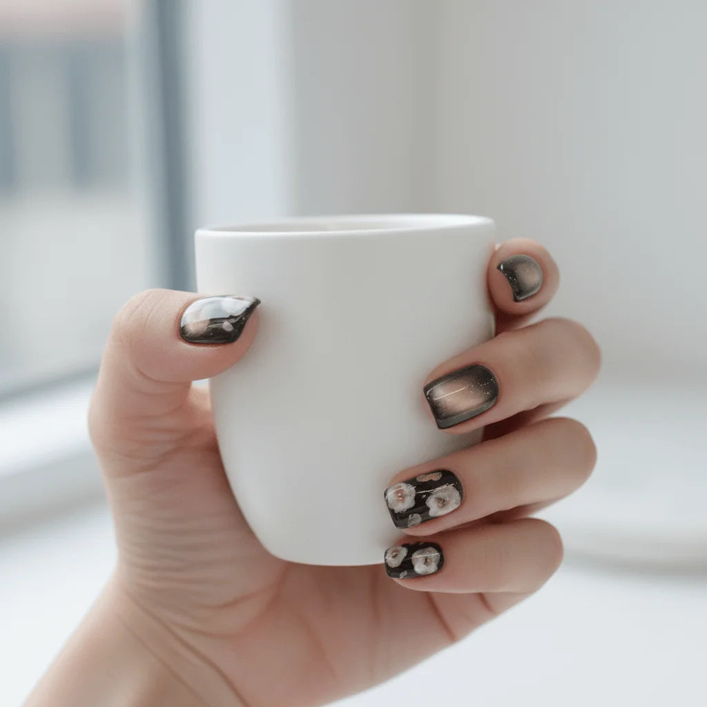Mocha Cream Blossom Short Oval Press-On Nails for Typing & Commute | MOONLEE