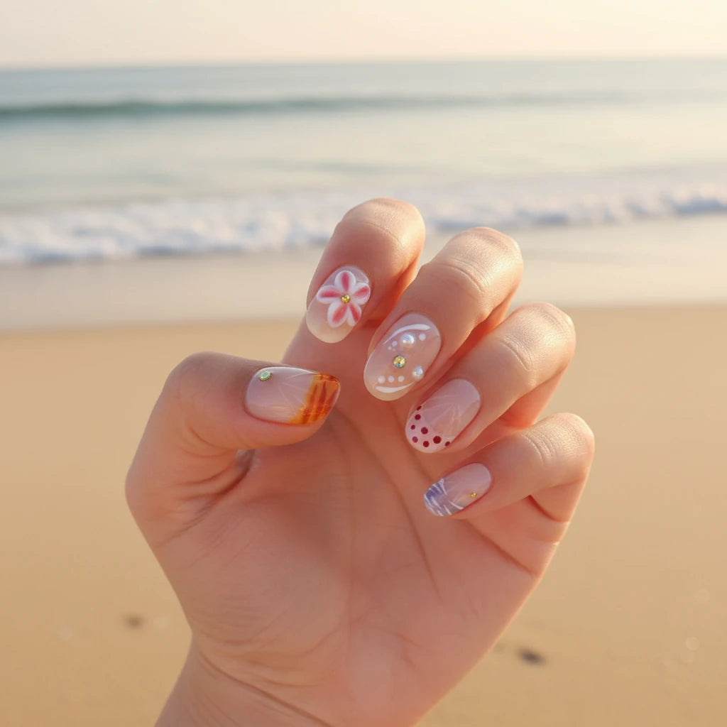 Whispering Sands Handmade Press-On Nails — both hands with short round nails featuring pink cherry blossom flower, brown gradient with pearl dots and gold rhinestone, yellow starfish with gold center, burgundy red dot clusters, purple-blue watercolor stripes, Hawaii tropical beach background | MOONLEE