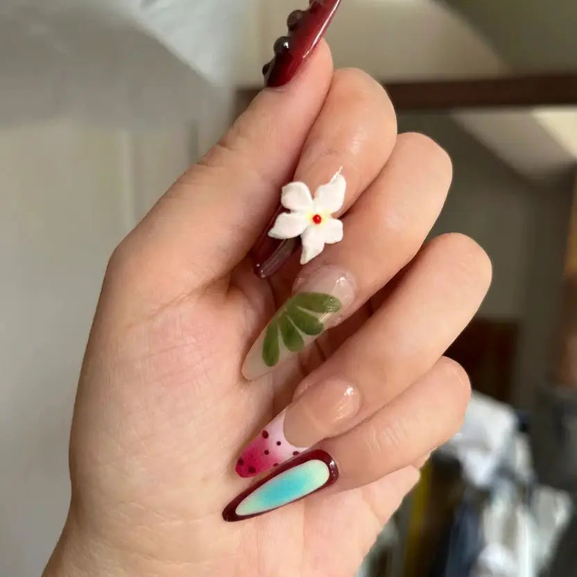 Strawberry Bloom Long Almond Press-On Nails for Sunday Brunch | MOONLEE