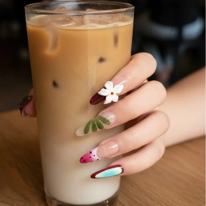 Strawberry Bloom Long Almond Press-On Nails for Sunday Brunch | MOONLEE