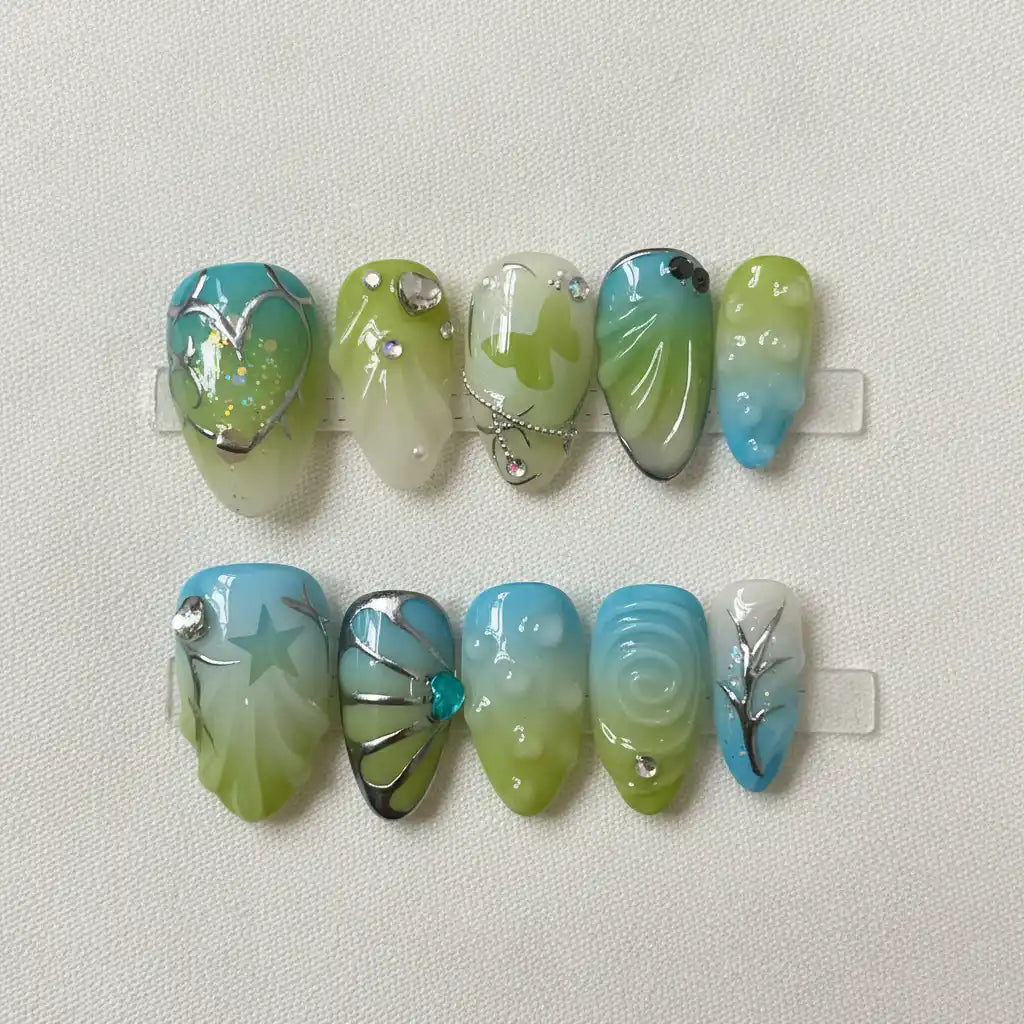 Enchanted Garden Short Almond Press-On Nails for Typing & Commute | MOONLEE
