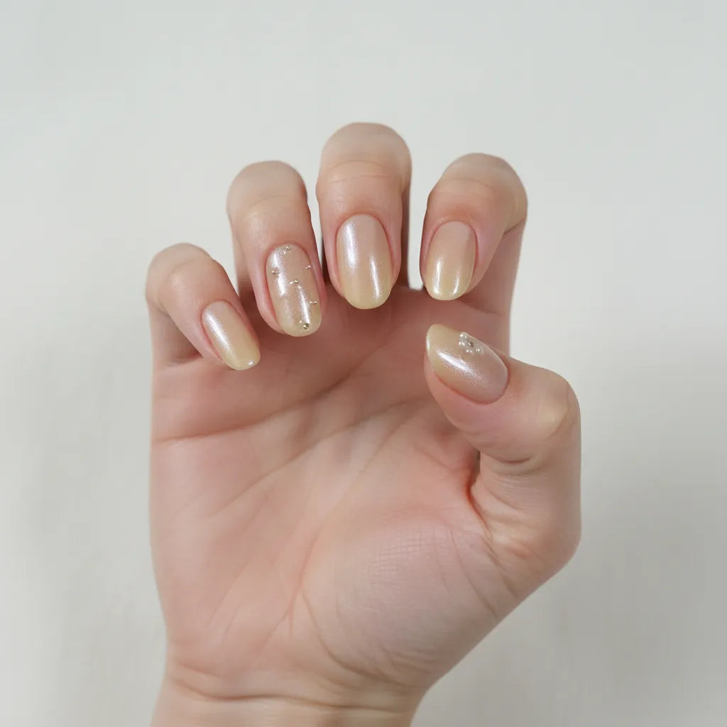Close-up of hand wearing Golden Hour handmade press-on nails — light skin tone, short oval champagne nude pearl nails, index finger with tiny silver bead constellation decoration, elegant and minimal, soft white background
