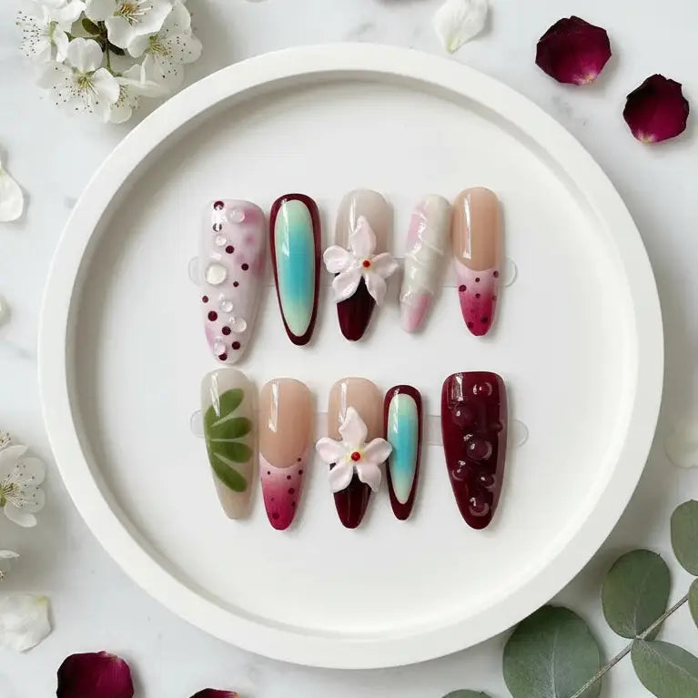 Strawberry Bloom Long Almond Press-On Nails for Sunday Brunch | MOONLEE