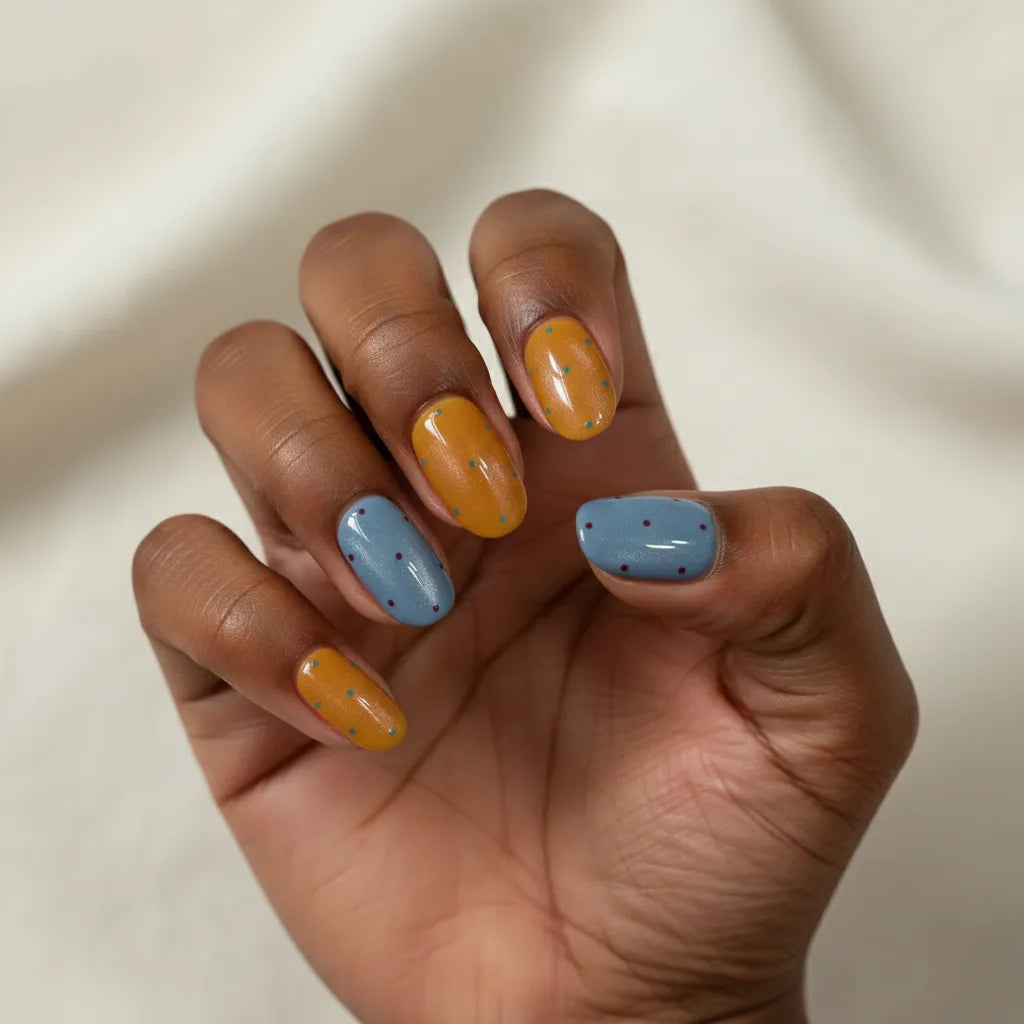 Hand wearing Retro Dots handmade press-on nails — deep brown skin tone, short oval shape, mustard orange nails on thumb, middle and pinky with colorful polka dots, blue-grey nails on index and ring fingers with polka dots, retro Y2K aesthetic


