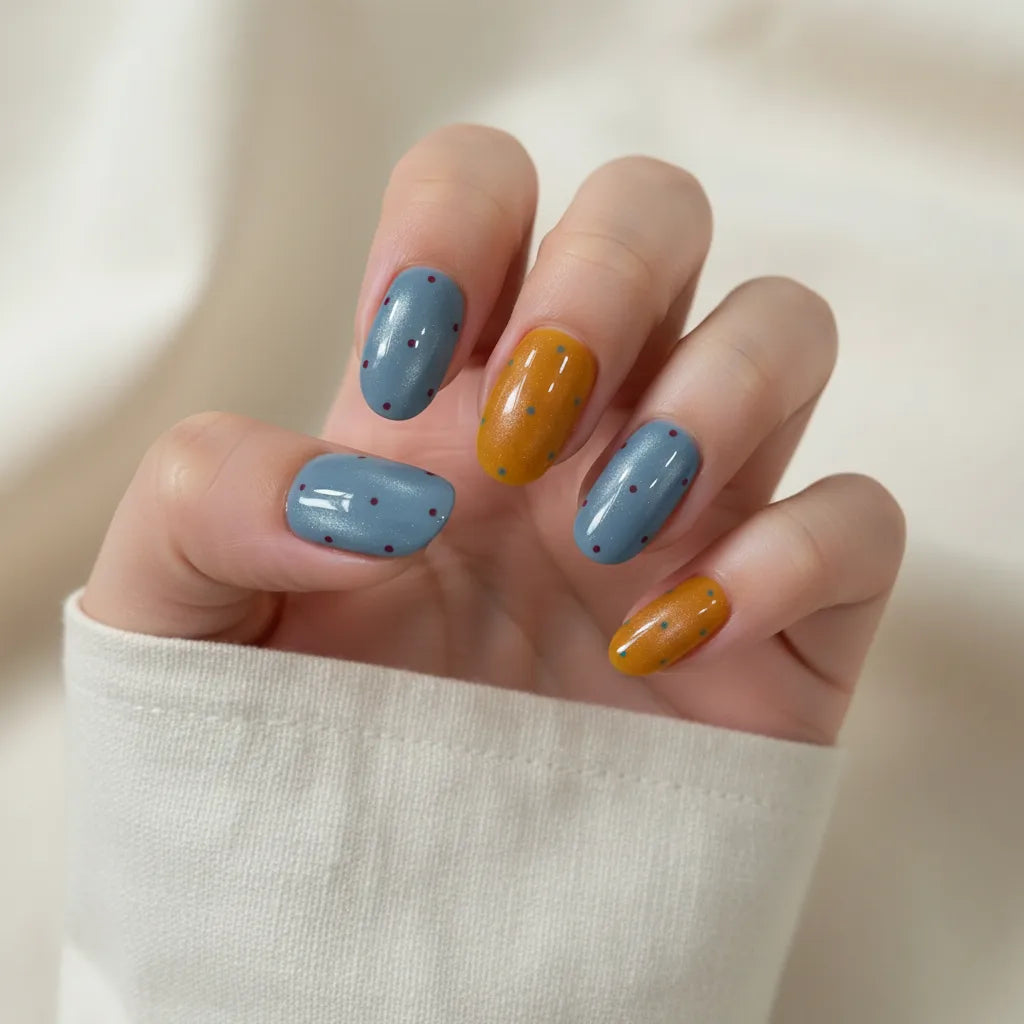 Hand wearing Retro Dots handmade press-on nails — light skin tone, short oval shape, blue-grey nails on thumb, middle and pinky with polka dots, mustard orange nails on index and ring fingers with polka dots, retro Y2K style

