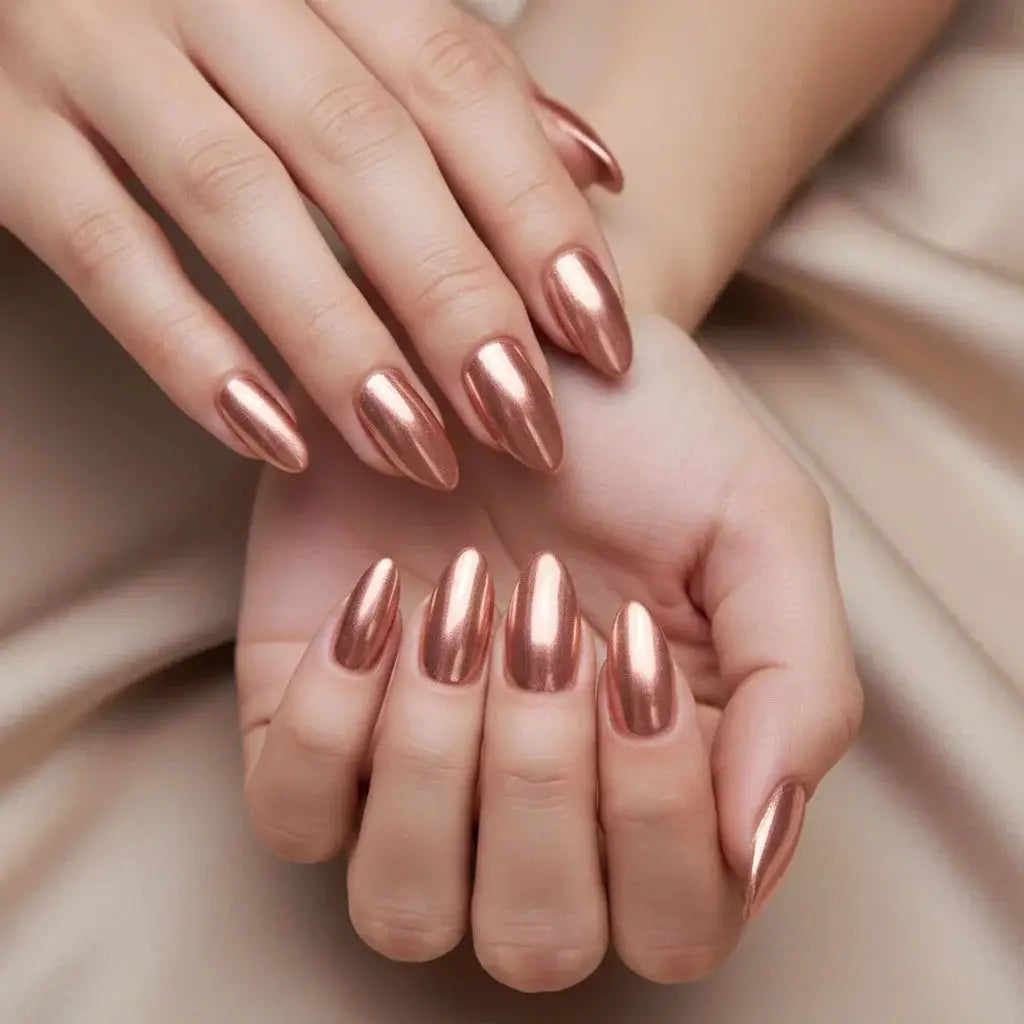 Lychee Cotta | Hailey Chrome Short Almond Press-On Nails for Typing & Commute | MOONLEE