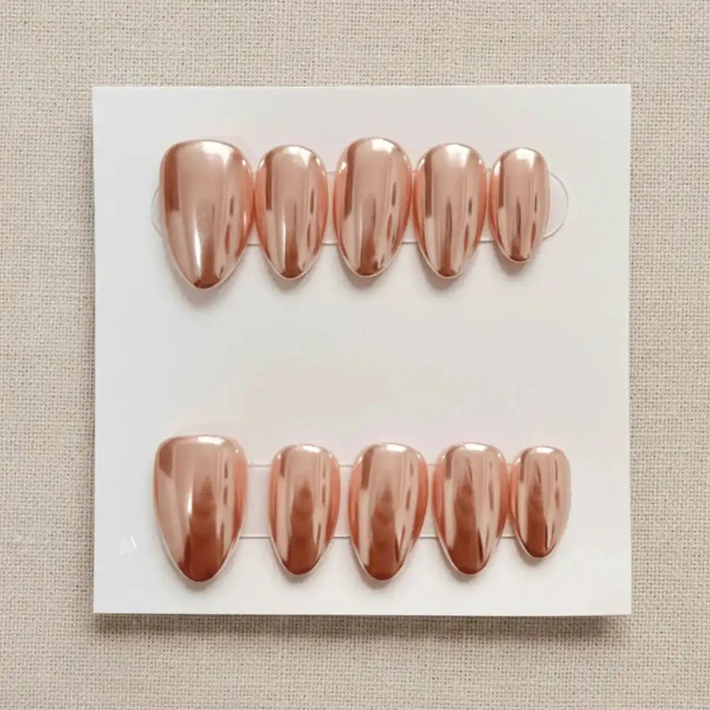 Lychee Cotta | Hailey Chrome Short Almond Press-On Nails for Typing & Commute | MOONLEE