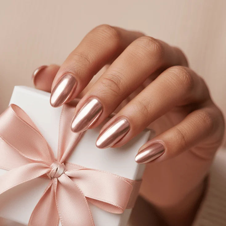Lychee Cotta | Hailey Chrome Short Almond Press-On Nails for Typing & Commute | MOONLEE